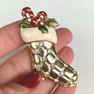 Vintage Rhinestone & Enamel Christmas Stocking Brooch Pin